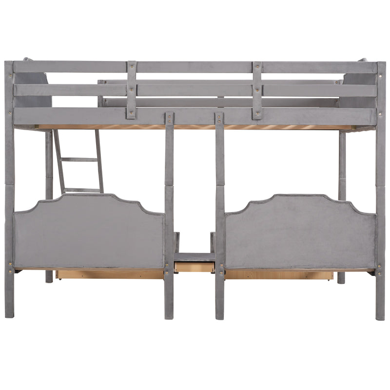 Full Over Twin & Twin Bunk Bed, Velvet Triple Bunk Bed with Drawers and Guardrails, Gray