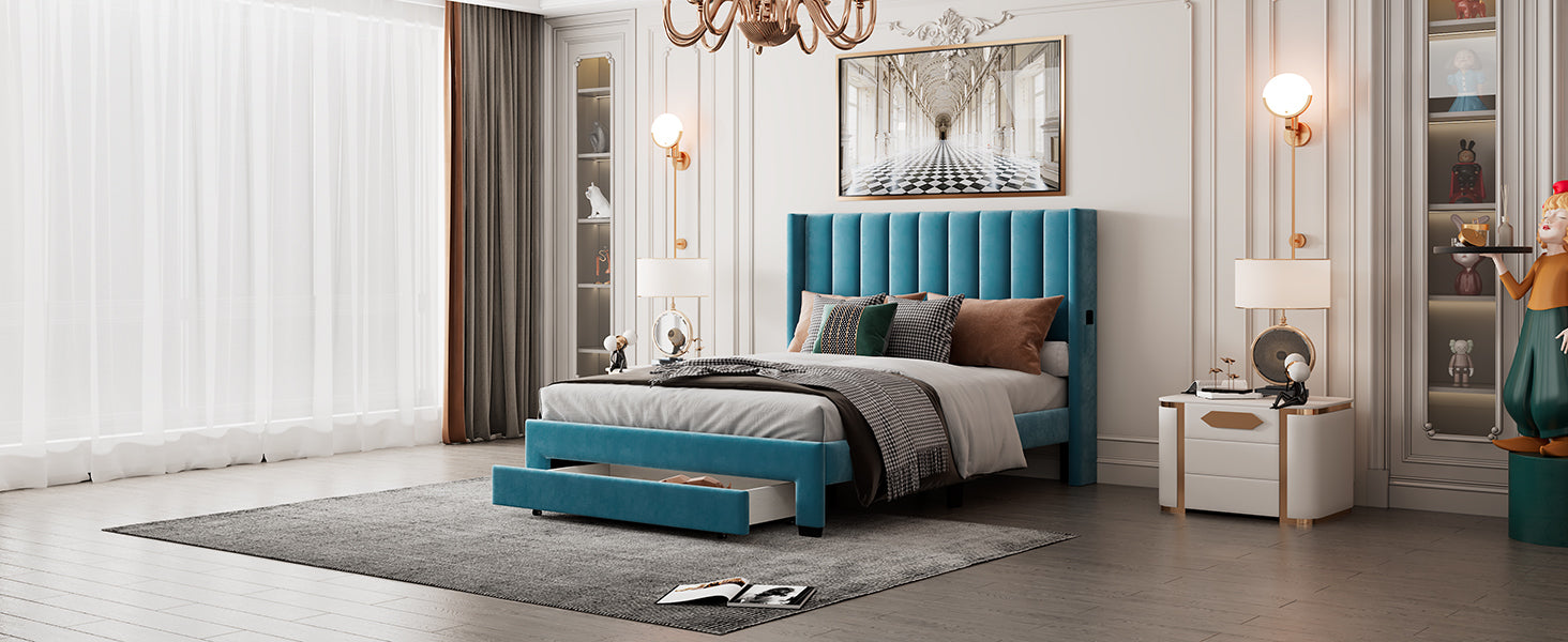 Queen Size Storage Bed Velvet Upholstered Platform Bed with a Big Drawer - Blue - Atlantic Fine Furniture Melbourne FL