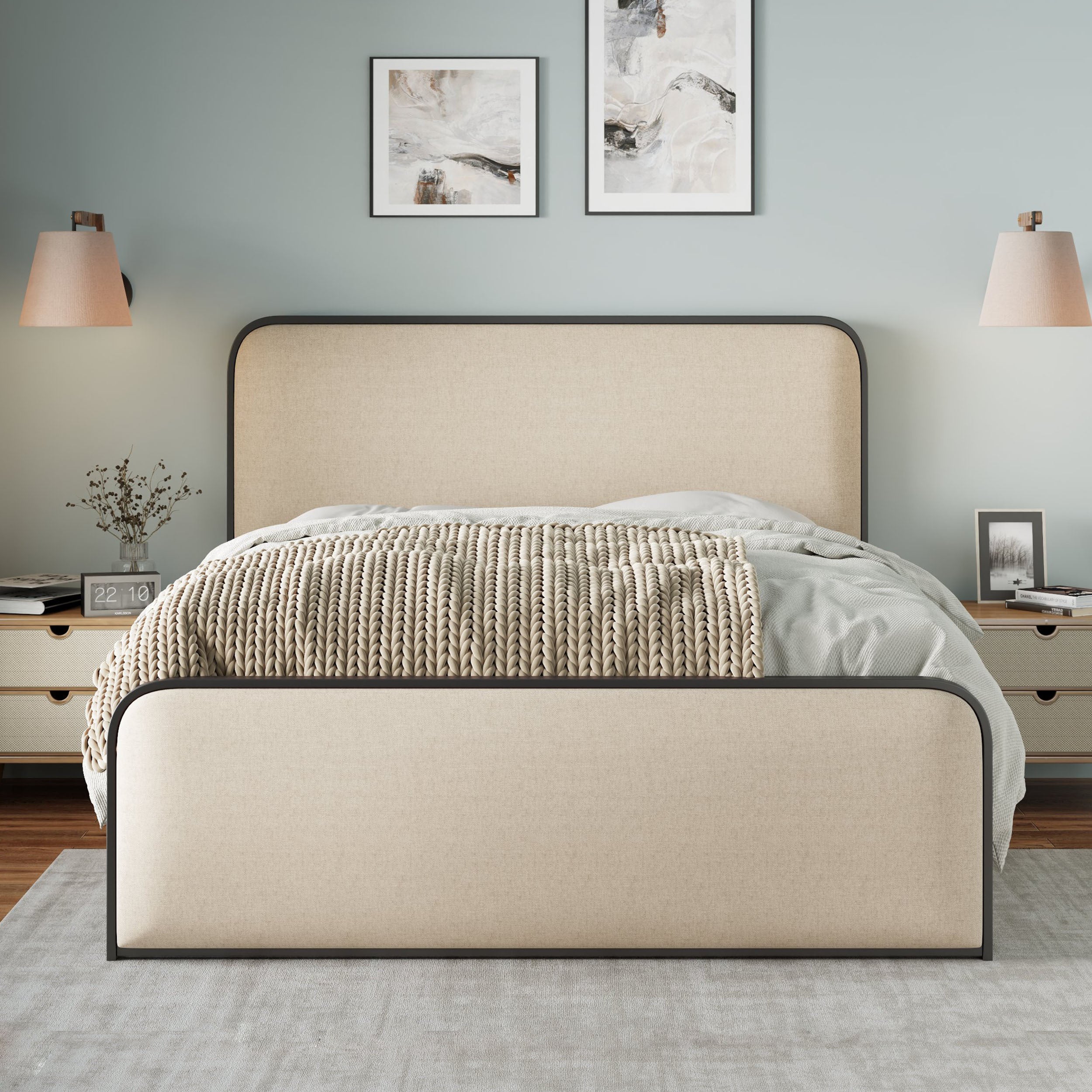 Modern Metal Bed Frame with Curved Upholstered Headboard and Footboard Bed with Under Bed Storage, Heavy Duty Metal Slats, Full Size, Beige - Atlantic Fine Furniture Melbourne FL
