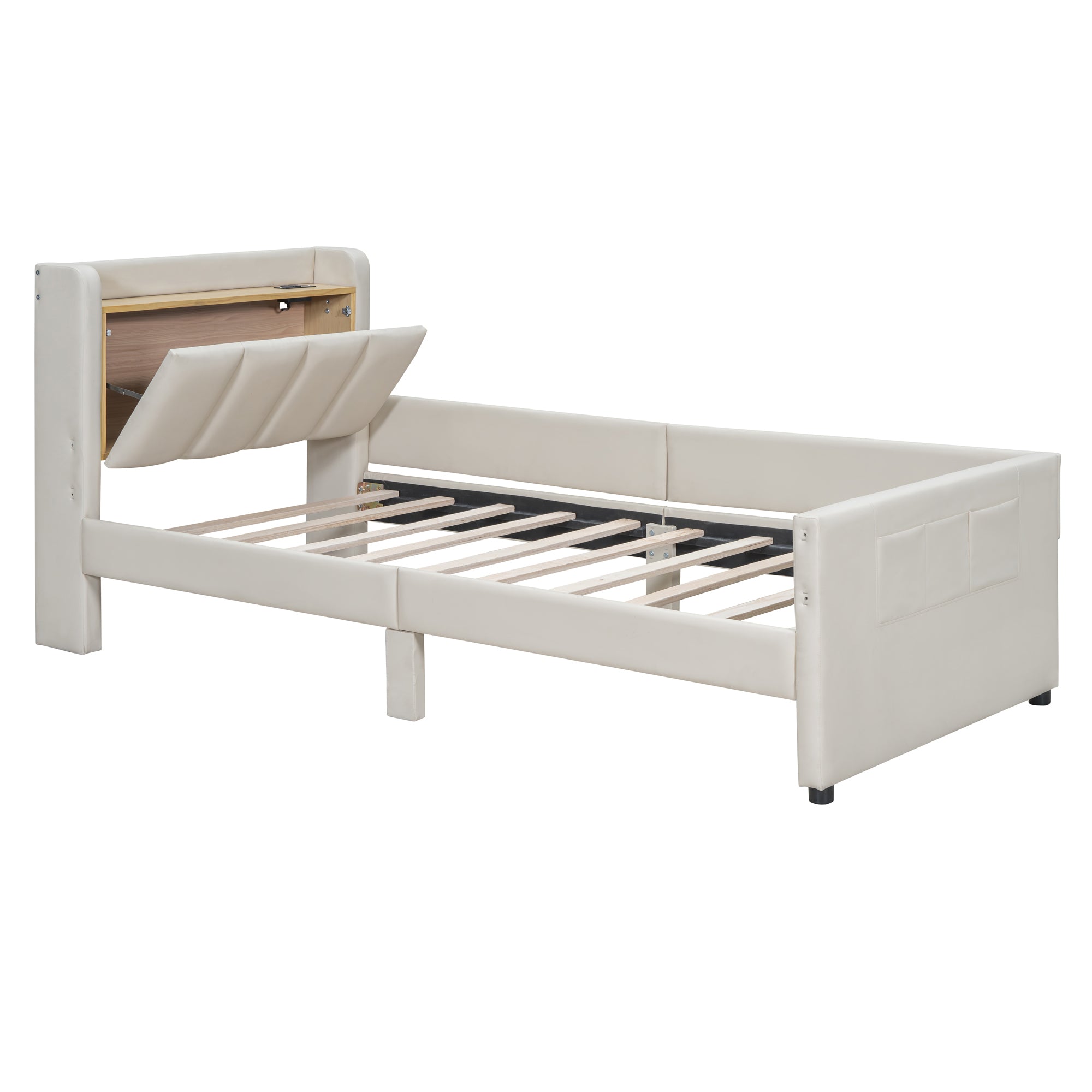Queen Size & Twin XL Size Upholstered Platform Bed, Mother & Child Bed with Hydraulic Storage System, Drawer Box, Bedhead storage shelf and Two pairs of sockets & USB Ports, PU Leather, Beige