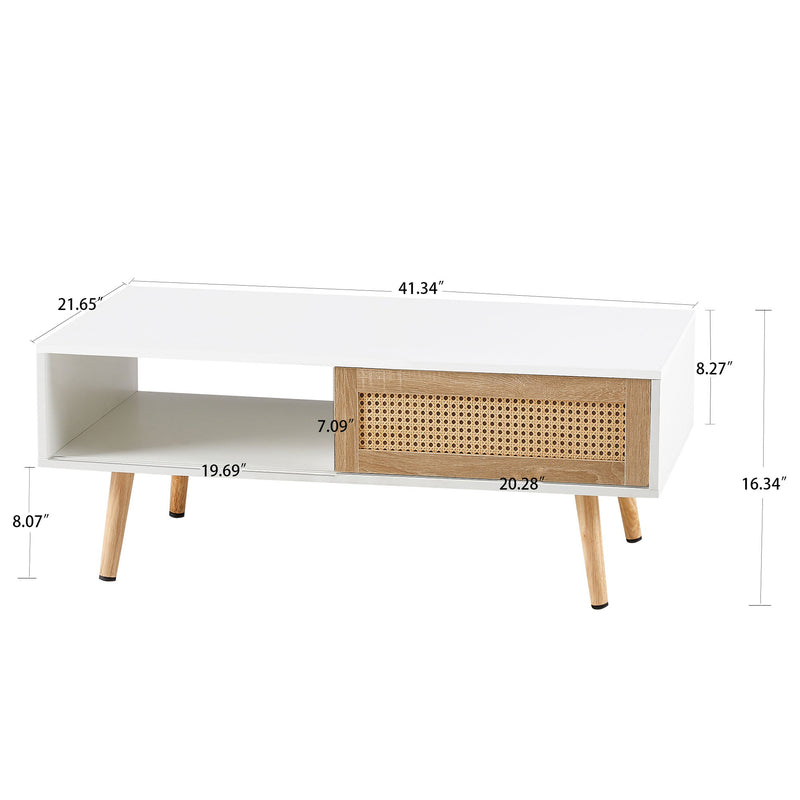 41.34" Rattan Coffee Table, Sliding Door For Storage, Solid Wood Legs, Modern Table For Living Room