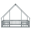 Wood House-Shaped Floor Bed With Fence, Guardrails