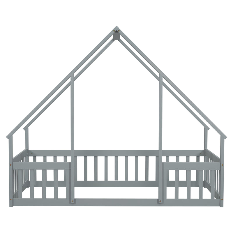 Wood House-Shaped Floor Bed With Fence, Guardrails