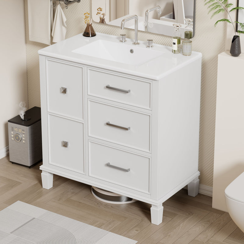 Bathroom Vanity With Ceramic Sink, Flip Out Drawer Design For Plumbing, Soft Close Drawers