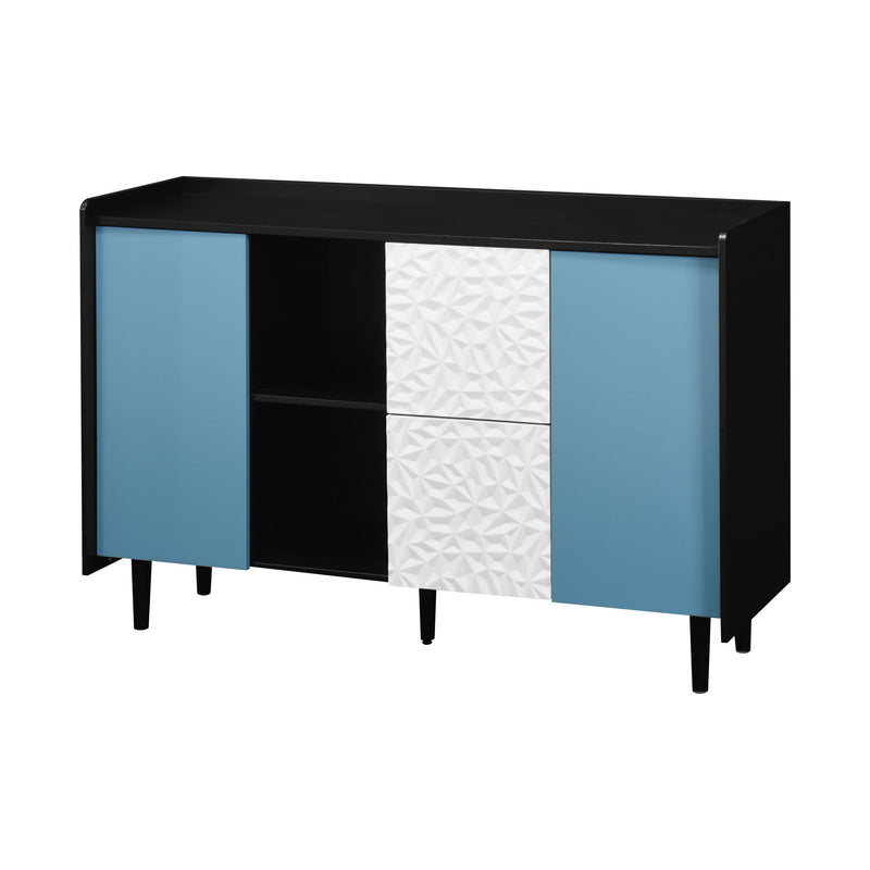 Modern Sideboard Buffet Cabinet With Red Doors And Unique Panel Styling
