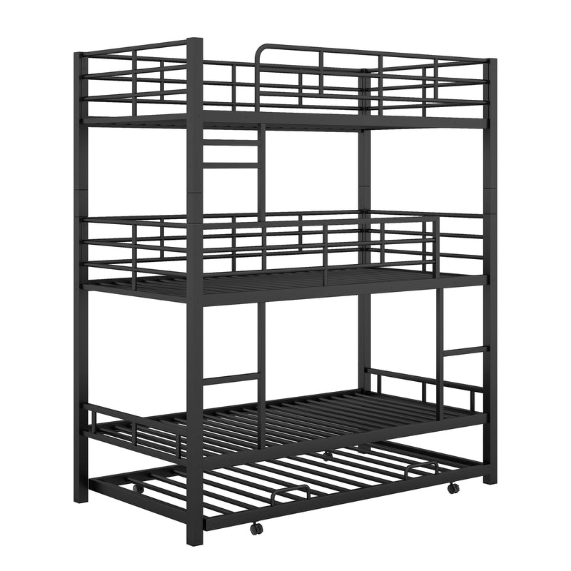 Metal Twin Size Triple Bunk Bed With Trundle, Black