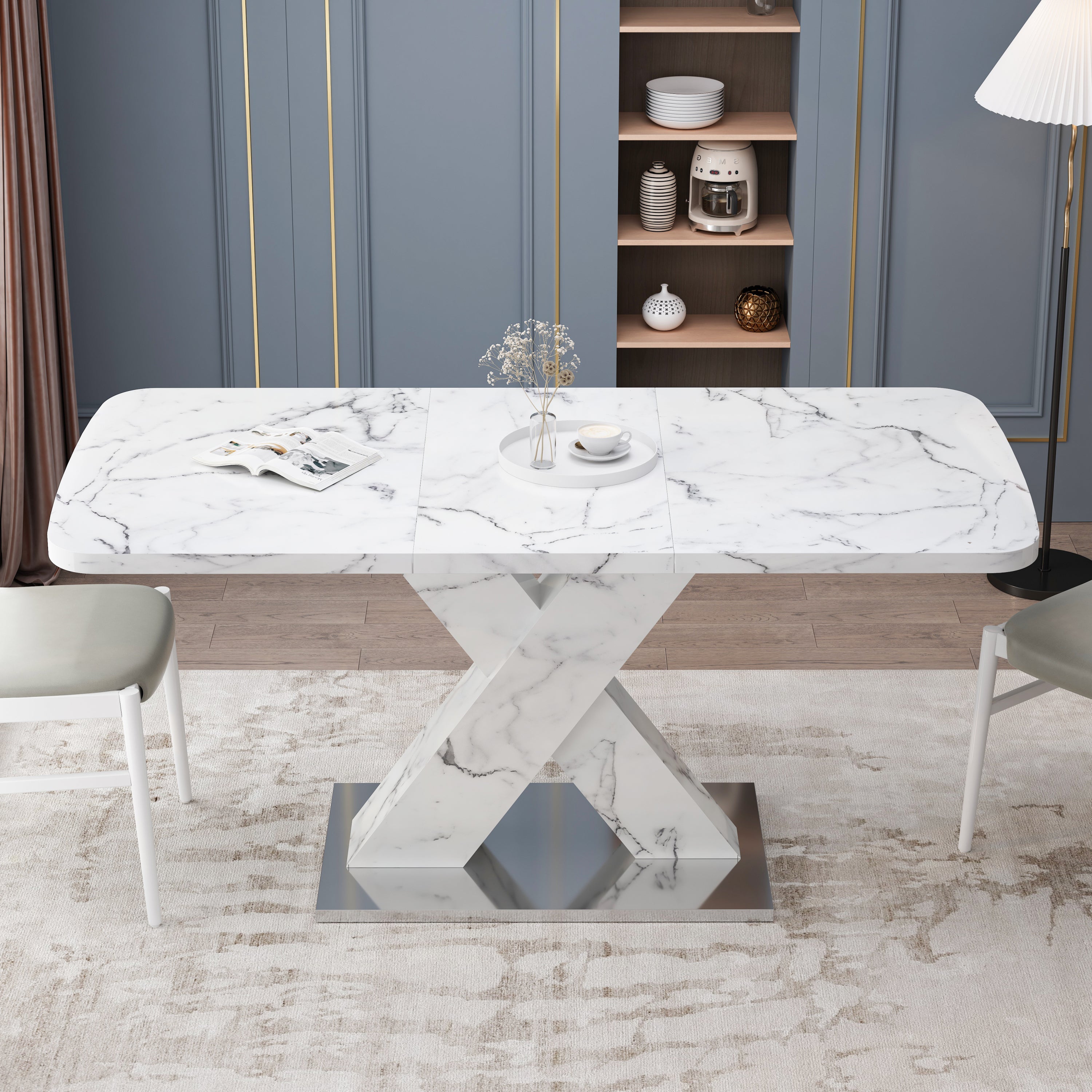 Modern Square Dining Table, Stretchable, with Printed White Marble Table Top+MDF X-Shape Table Leg with Metal Base