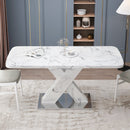 Modern Square Dining Table, Stretchable, with Printed White Marble Table Top+MDF X-Shape Table Leg with Metal Base