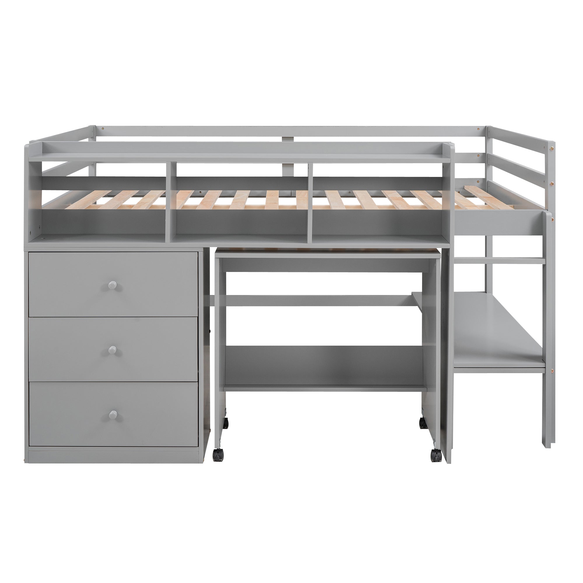 Full Size Low Loft Bed with Rolling Portable Desk, Drawers and Shelves, Gray(Old SKU: GX000711AAE) - Atlantic Fine Furniture Melbourne FL
