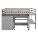 Full Size Low Loft Bed with Rolling Portable Desk, Drawers and Shelves, Gray(Old SKU: GX000711AAE)