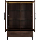 Modern Style Tall Display Cabinet With LED Lighting, Tempered Glass Door, 2 Drawers
