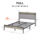 Bed frame with charging station full size, Grey, 83.1'' L x 56.1'' W x 39.2'' H.