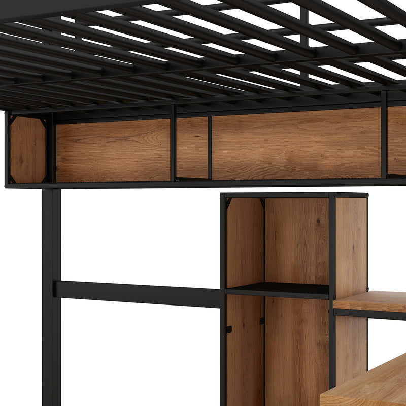 Full Size Metal & Wood Loft Bed with L -shaped desk and shelves, Black and Brown