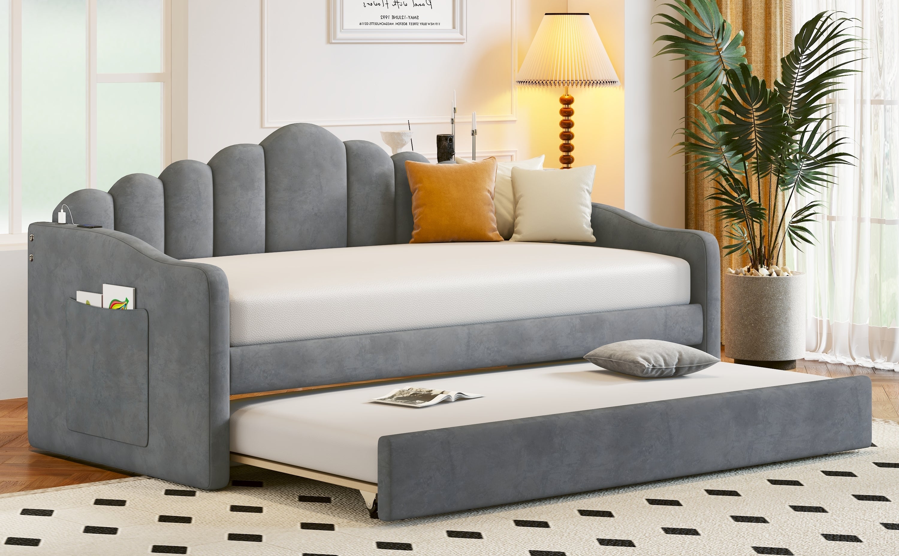 Twin size Upholstered Daybed with Trundle ,Velvet Sofabed with USB Charging Ports,No Box-spring Needed,Gray - Atlantic Fine Furniture Melbourne FL