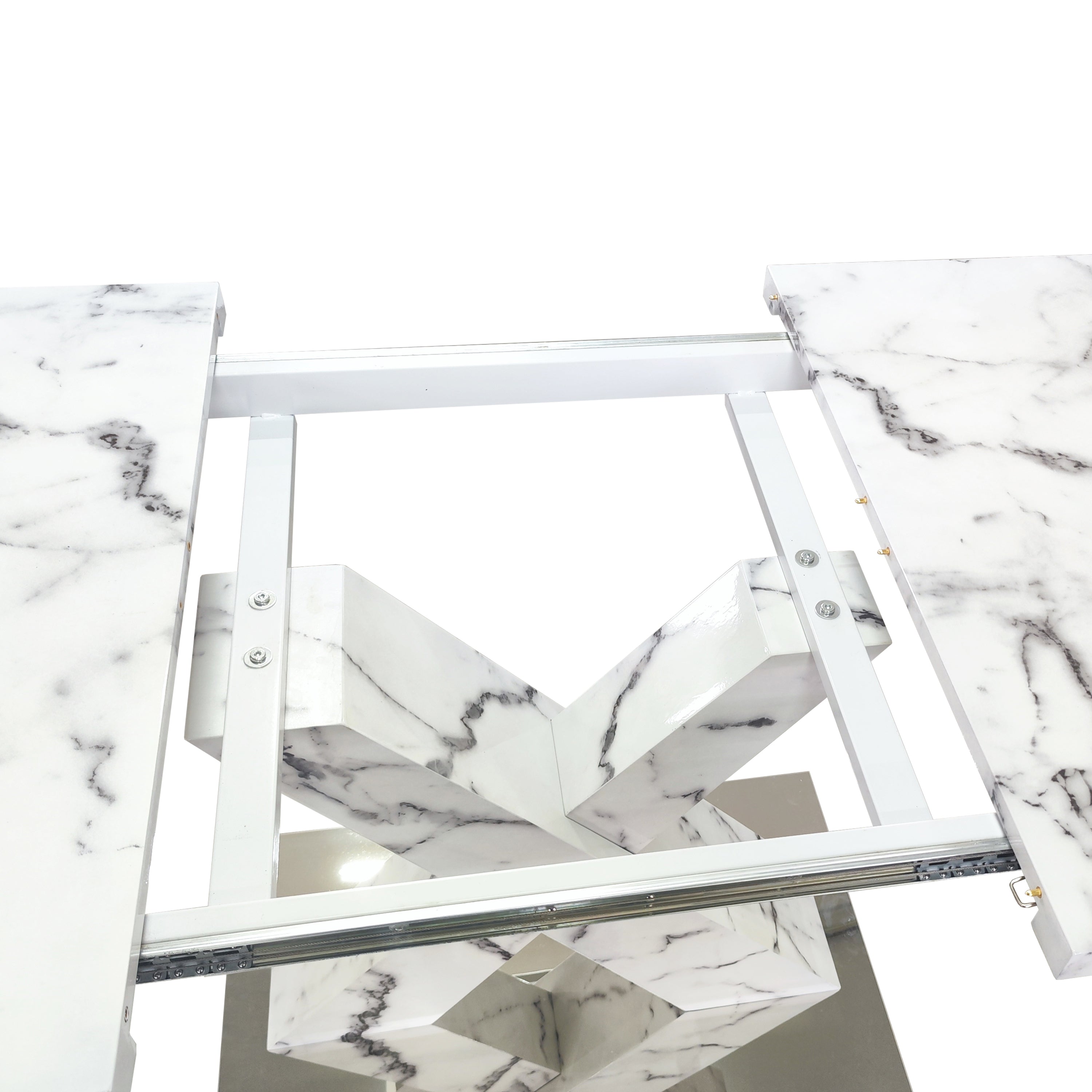 Modern Square Dining Table, Stretchable, with Printed White Marble Table Top+MDF X-Shape Table Leg with Metal Base