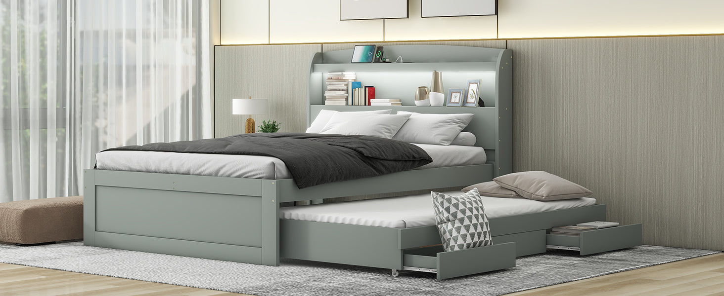 Full XL Size Platform Bed with Storage LED Headboard, Charging Station, Twin Size Trundle and 2 Drawers, Gray - Atlantic Fine Furniture Melbourne FL