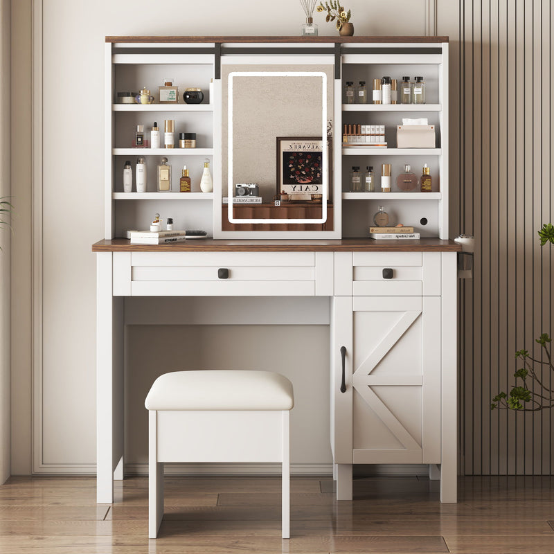 Farmhouse Makeup Vanity Desk With Sliding Mirror, LED Lights, And Storage Glass, Metal, And Wood Construction - White