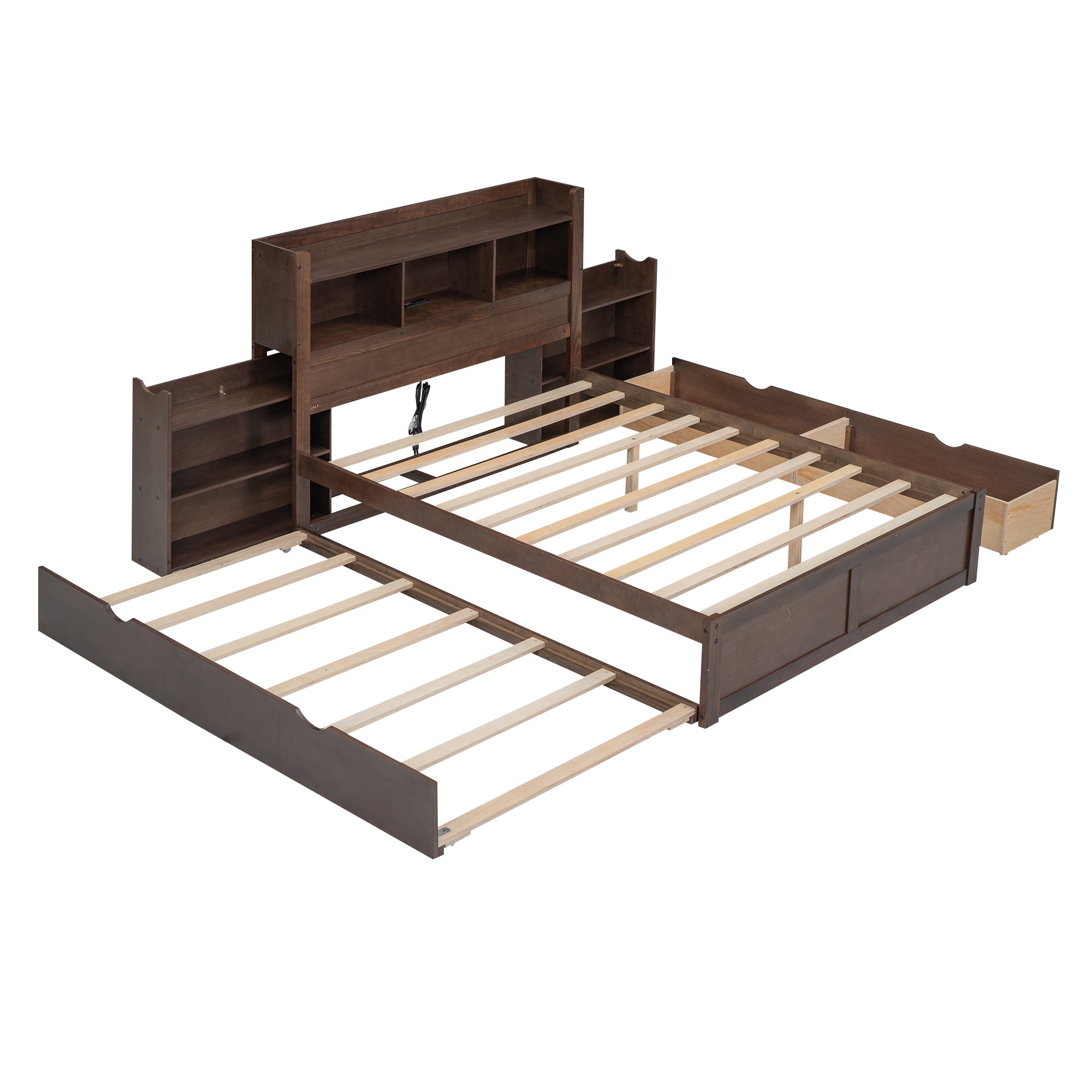 Full Size Storage Platform Bed with Pull Out Shelves, Twin Size Trundle and 2 Drawers, Espresso - Atlantic Fine Furniture Melbourne FL
