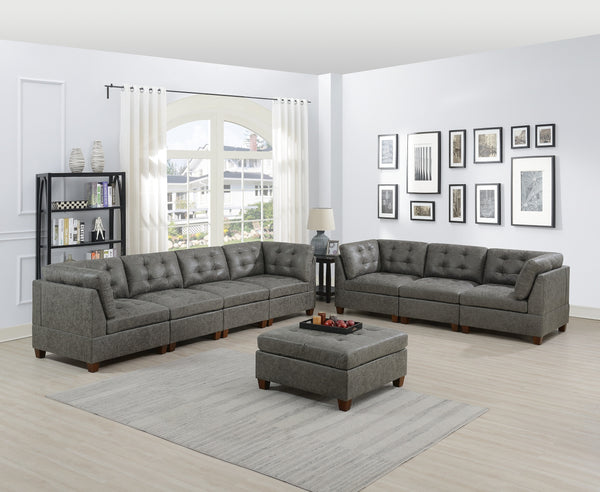 Living Room Furniture Antique Grey Modular Sofa Set 8pc Set Breathable Leatherette Tufted Couch 4x Corner Wedge 3x Armless Chairs and 1x Ottoman