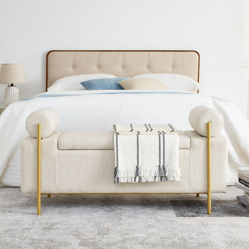 Elegant Upholstered Linen Storage Bench With Cylindrical Arms And Iron Legs, White