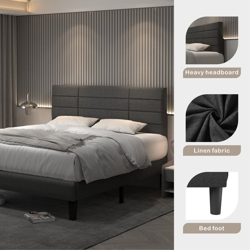 Molblly King Size Bed Frame with Upholstered Headboard, Strong Frame, and Wooden Slats Support, Non-Slip, and Noise-Free, No Box Spring Needed, Easy Assembly, Dark Grey