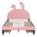 Full Size Upholstered Leather Platform Bed with Rabbit Ornament and 4 Drawers, Pink