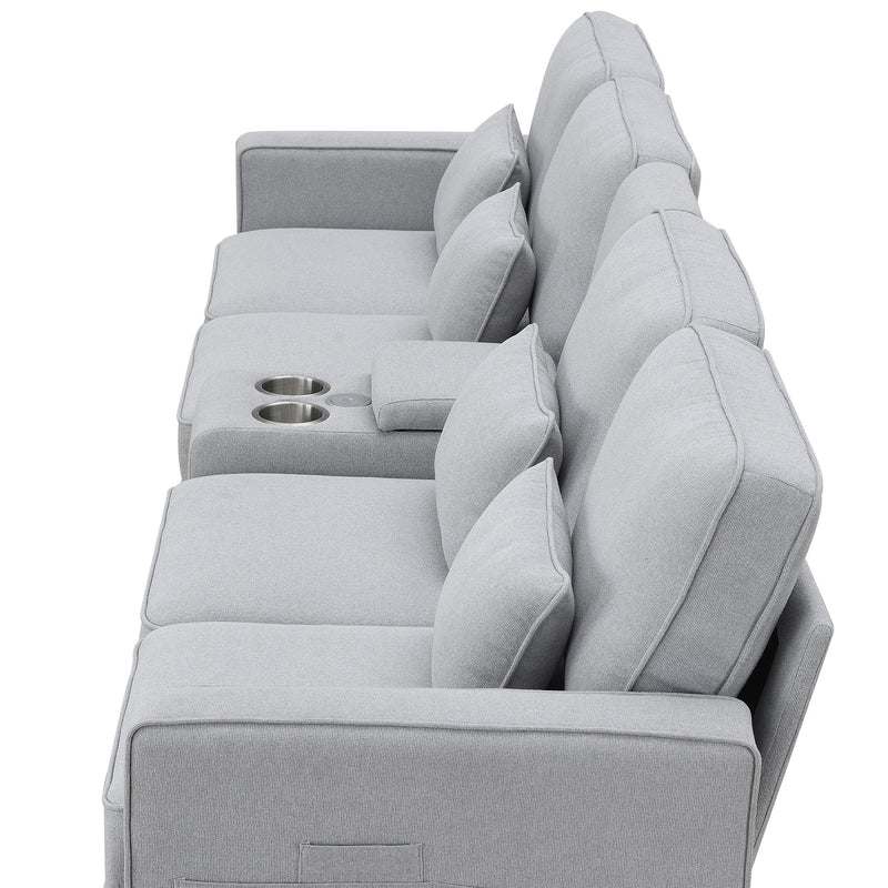 Upholstered Sofa With Console, 2 Cupholders And 2 USB Ports Wired Or Wirelessly Charged, Modern Linen Fabric Couches With 4 Pillows For Living Room, Apartment (4-Seat)