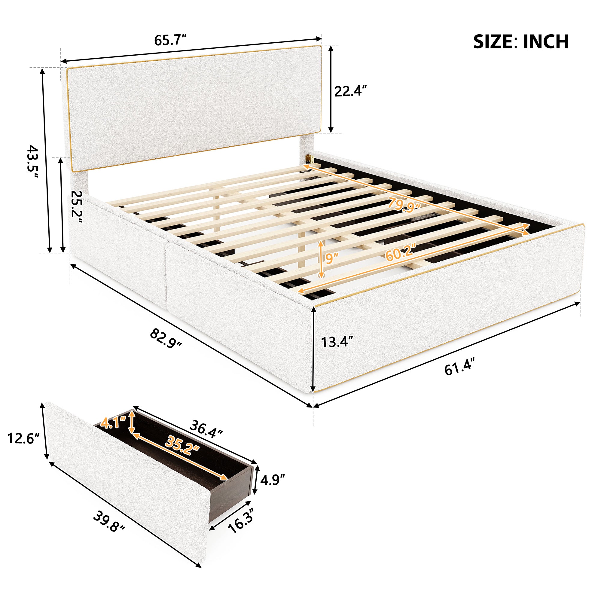 Queen Size Upholstered Platform Bed with 4 Drawers and Golden Edge on the Headboard & Footboard, White - Atlantic Fine Furniture Melbourne FL