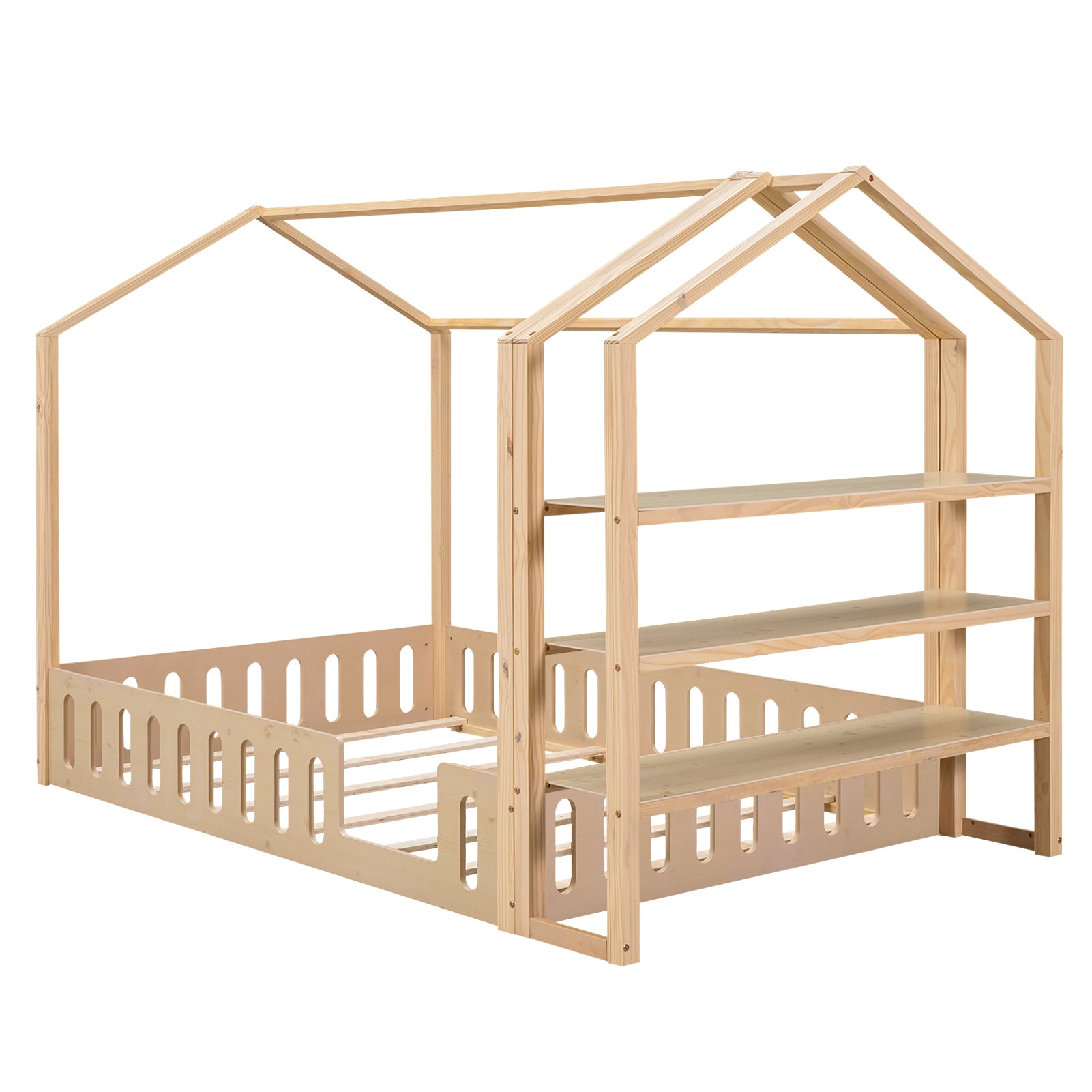 Full Size Wood House Bed with Fence and Detachable Storage Shelves, Natural