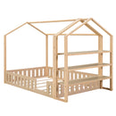 Full Size Wood House Bed with Fence and Detachable Storage Shelves, Natural