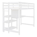Twin Size Wooden Loft Bed with Shelves, Desk and Writing Board - White