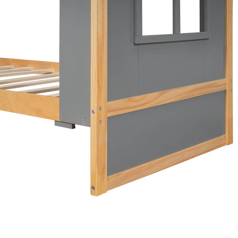 Twin Size House Platform Bed with Storage Shelves and Twin Size Trundle, Grey