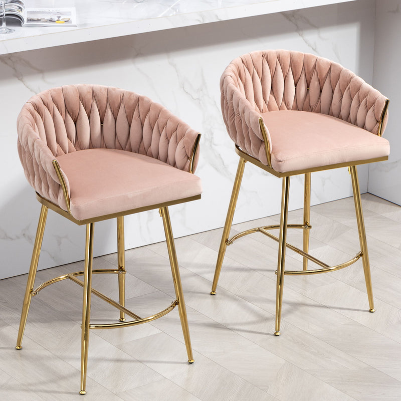 Counter Height Bar Stools (Set of 2) Kitchen Island Counter Bar Stool With Hand-Wave Back, Golden Chromed Base And Footrest - Pink