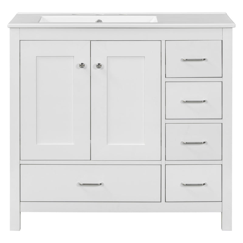 Bathroom Vanity With Ceramic Sink Combo, Abundant Storage Cabinet -2 Soft-Close Doors And 5 Drawers