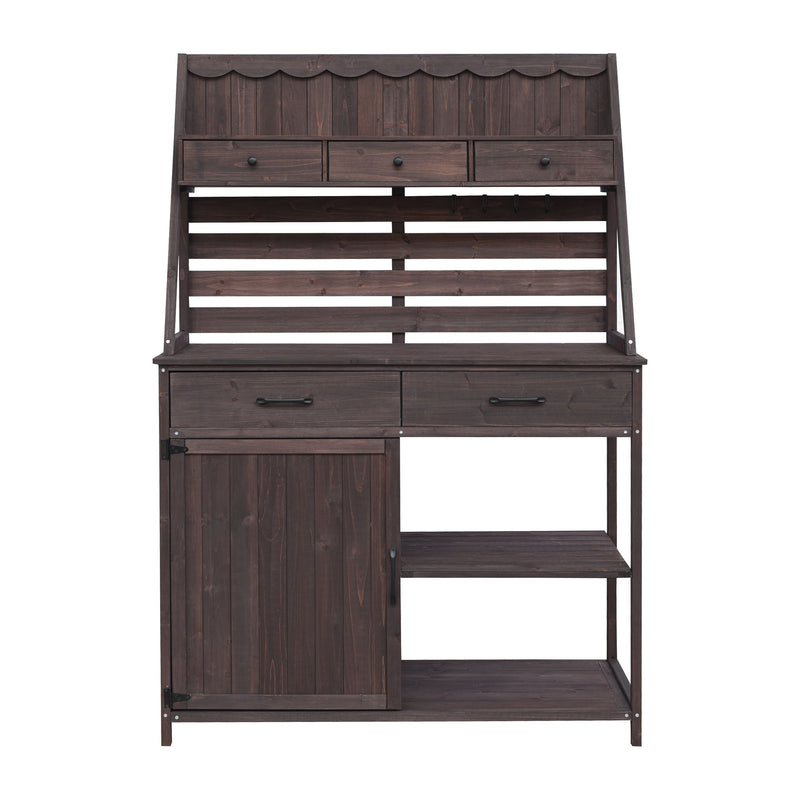 Potting Bench With 5 Drawer Storage And Slatted Back Panel, Garden Workstation - Brown