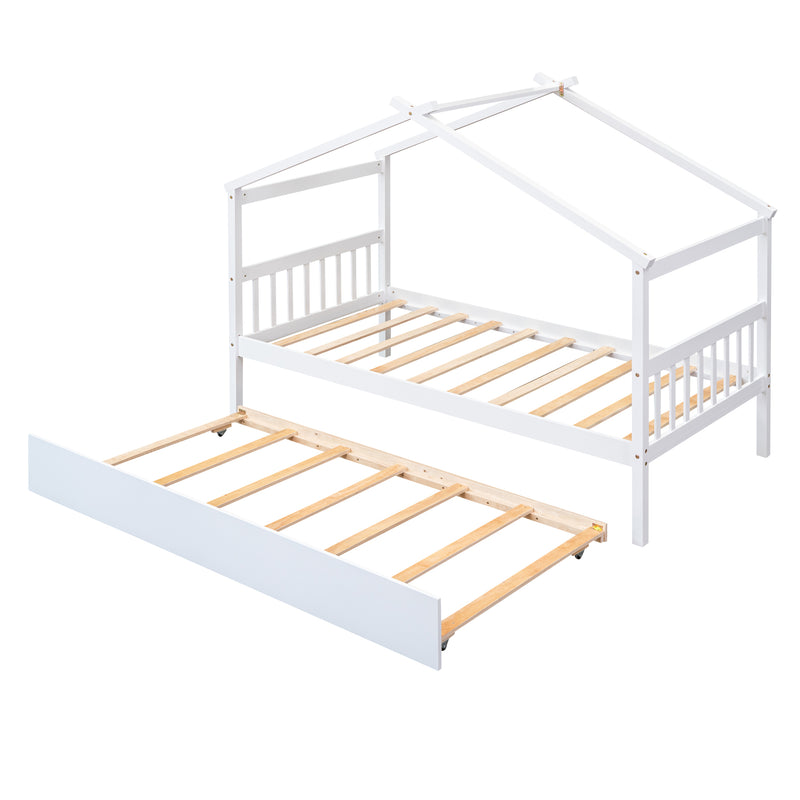 Twin Size Wooden House Bed with Twin Size Trundle, White