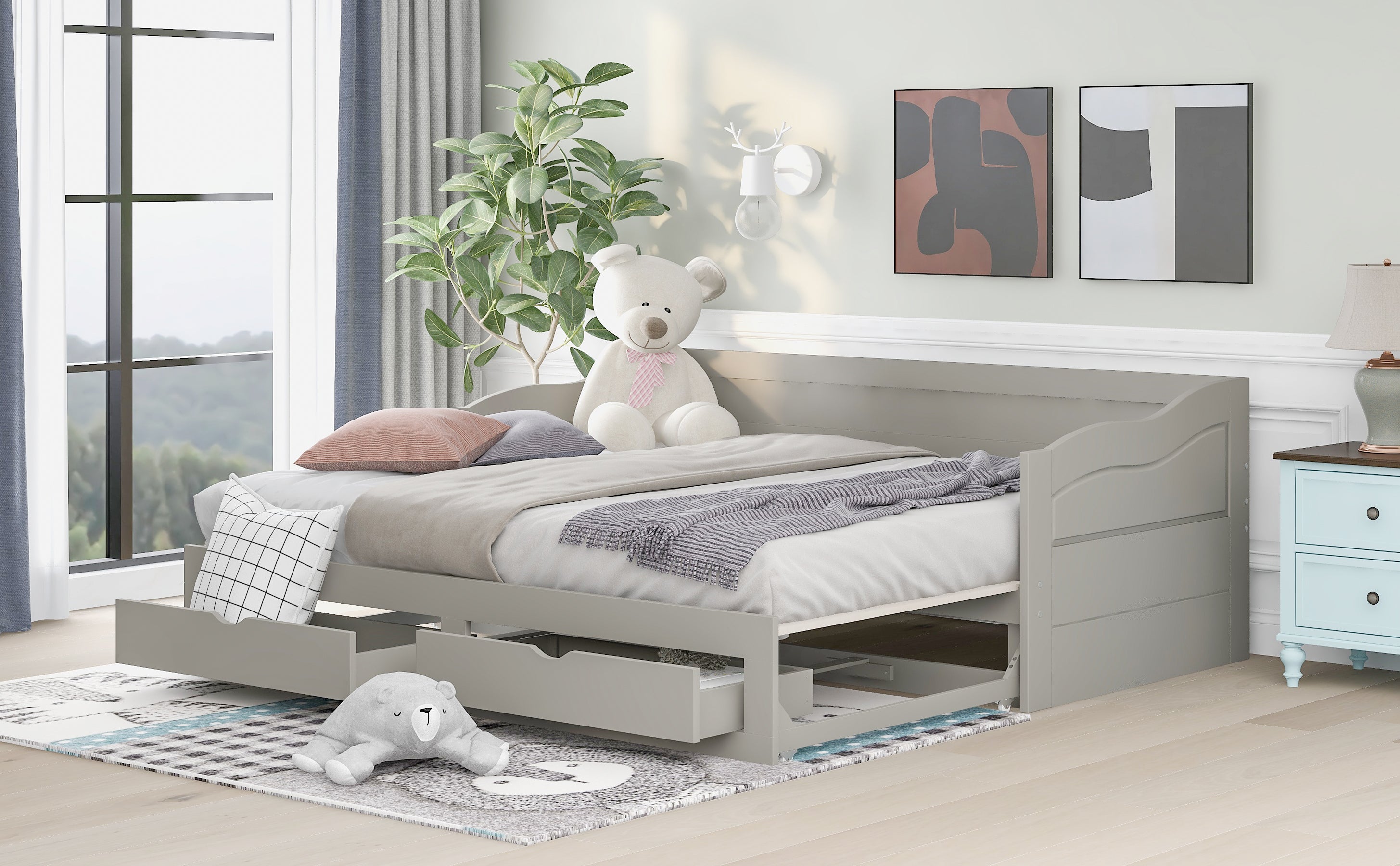 Wooden Daybed with Trundle Bed and Two Storage Drawers , Extendable Bed Daybed,Sofa Bed with Two Drawers, Gray - Atlantic Fine Furniture Melbourne FL