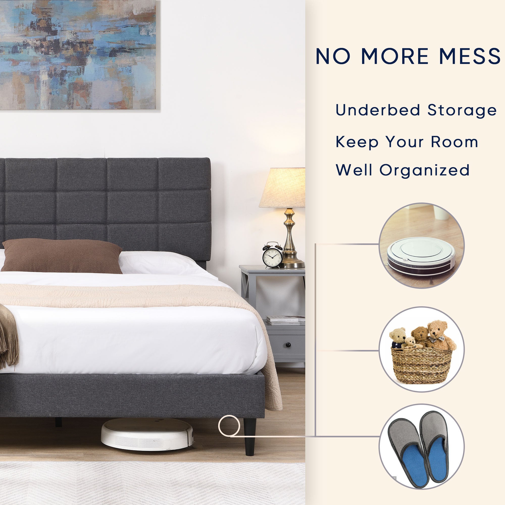 Full Size Platform Bed Frame with Fabric Upholstered Headboard and Wooden Slats, No Box Spring Needed/Easy Assembly, Grey - Atlantic Fine Furniture Melbourne FL