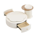 Modern Round Coffee Table (Set of 2), 360 Degree Rotatable Flower Shaped Top With 2 Drawers, Top Circle Side Table End Table With Glass For Living Room - Off White