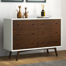 Mid-Century Modern White Dresser 6 Drawer - Dark Brown / White