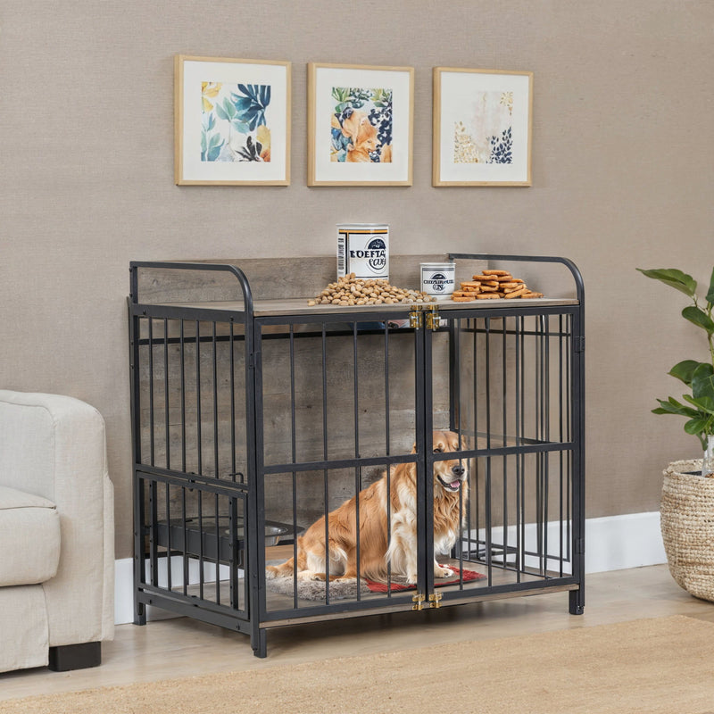 Indoor Metal Dog Crate With Double Doors, Wooden Side End Table Crate, Dog Crate Furniture With Adjustable Feeder Stand, For Medium Dog - Gray