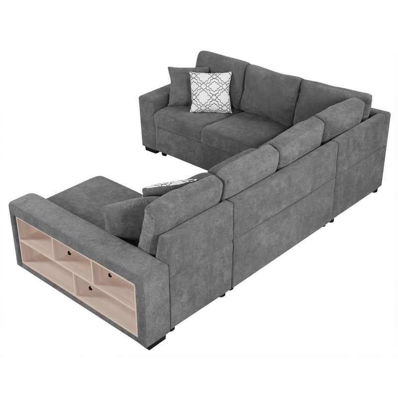 U-Shaped Sectional Sofa Pull-Out Sofa Bed With Two USB Ports, A Storage Chaise Lounge And Four Back Pillows For Living Room