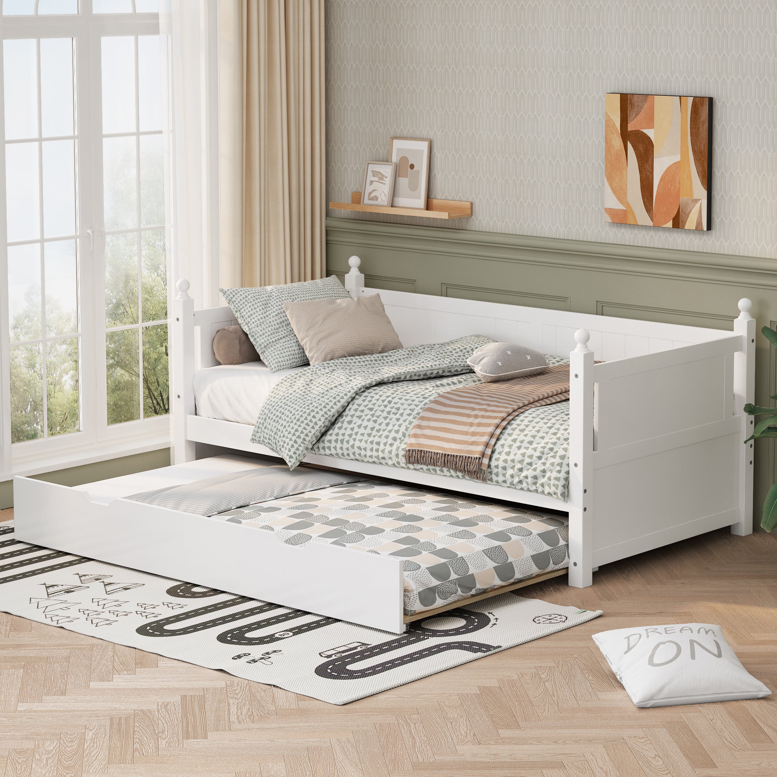 Twin Size Solid Wood Daybed with Trundle for Limited Space Kids, Teens, Adults, No Need Box Spring, White - Atlantic Fine Furniture Melbourne FL