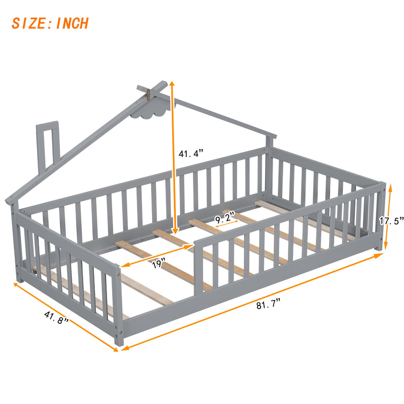 House-Shaped Bedside Floor Bed With Guardrails, Slats, Without Door