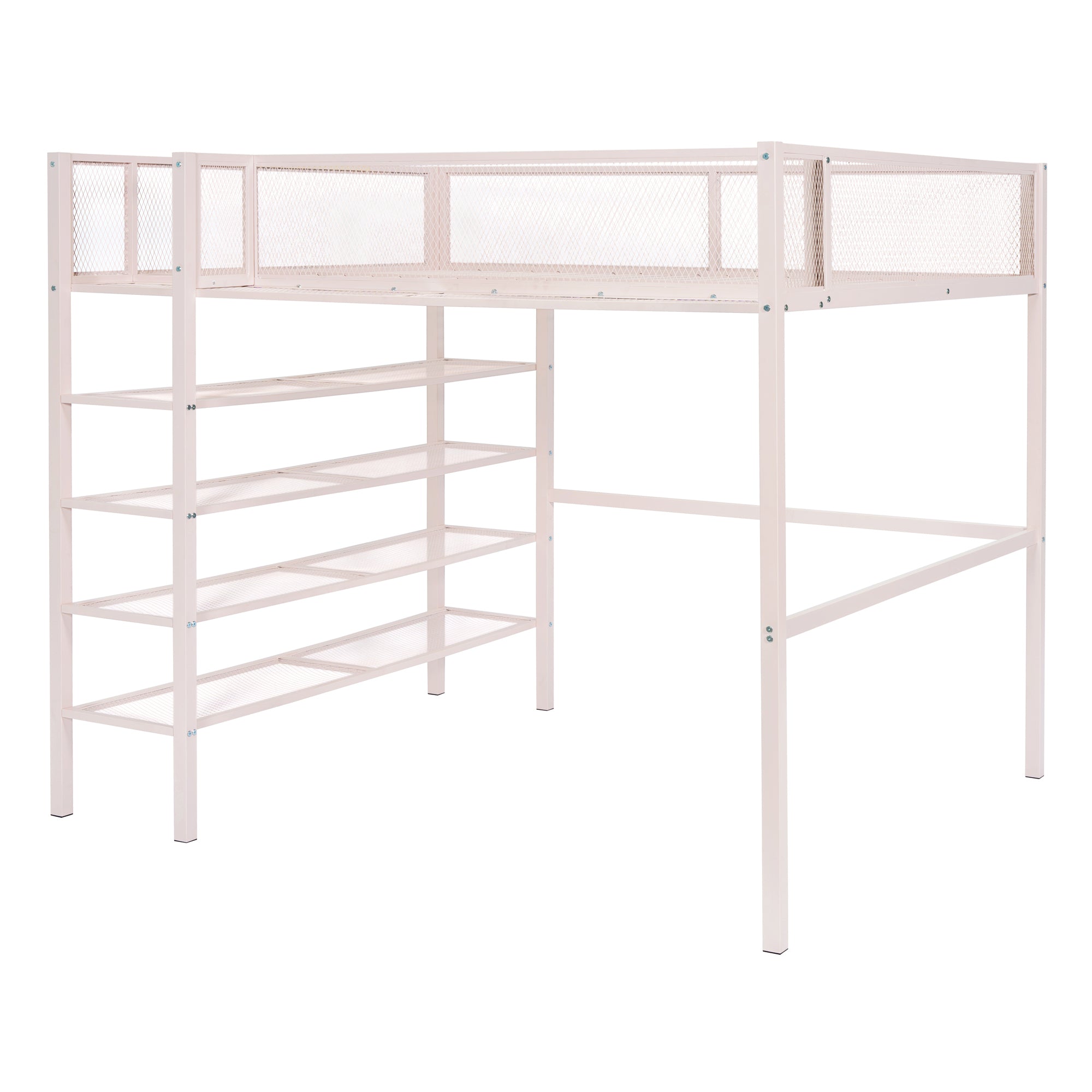Full Size Metal Loft Bed with 4-Tier Shelves and Storage, Pink - Atlantic Fine Furniture Melbourne FL