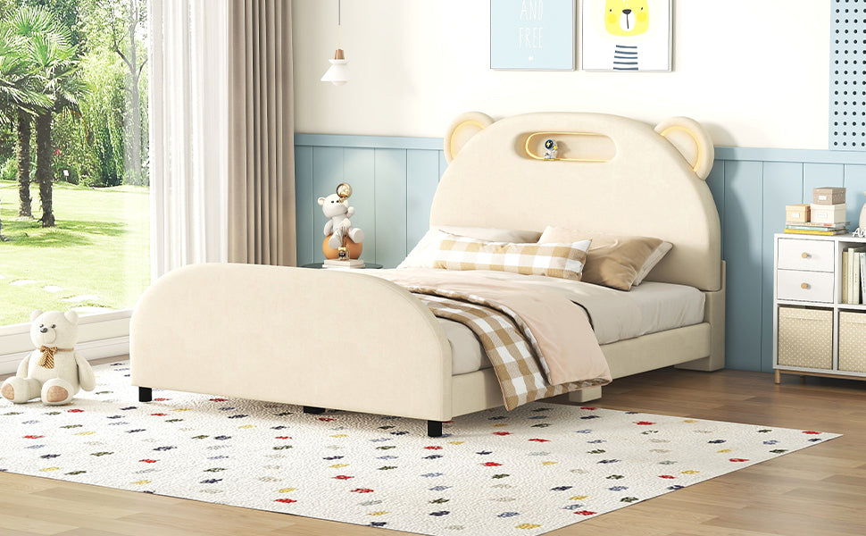 Full Size Upholstered Platform Bed with Bear-Shaped Headboard and Embedded Light Stripe, Velvet, Beige - Atlantic Fine Furniture Melbourne FL