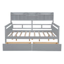 Full size Daybed, Wood Slat Support, with Bedside Shelf and Two Drawers, Gray