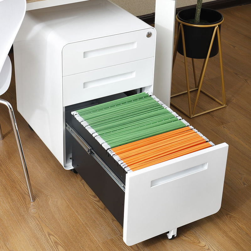 3 Drawer Mobile File Cabinet Under Desk Office, Simple Style Versatile Storage Cabinet For Legal / Letter / A4 Files, 5 Wheel Design Anti-Tilting Cold Rolled Steel Waterproof Moisture-Proof