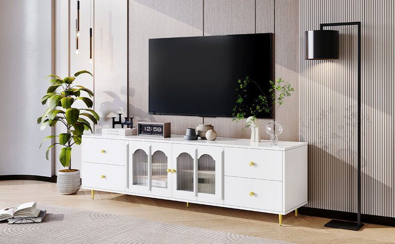 Modern TV Stand With Glass Door, 4 Drawers And 2 Cabinets