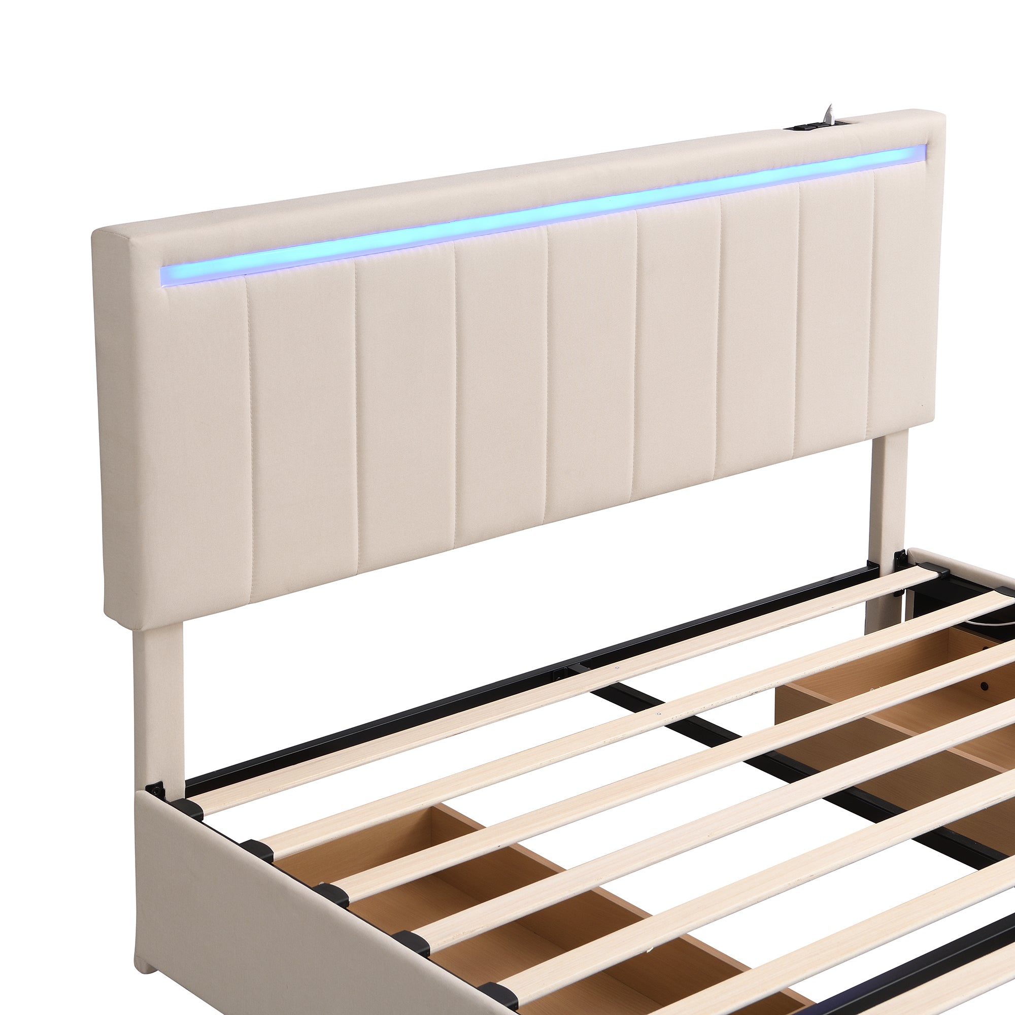Queen Size Upholstered Bed with LED Light and 4 Drawers,  Modern Platform Bed with a set of Sockets and USB Ports, Linen Fabric, Beige - Atlantic Fine Furniture Melbourne FL